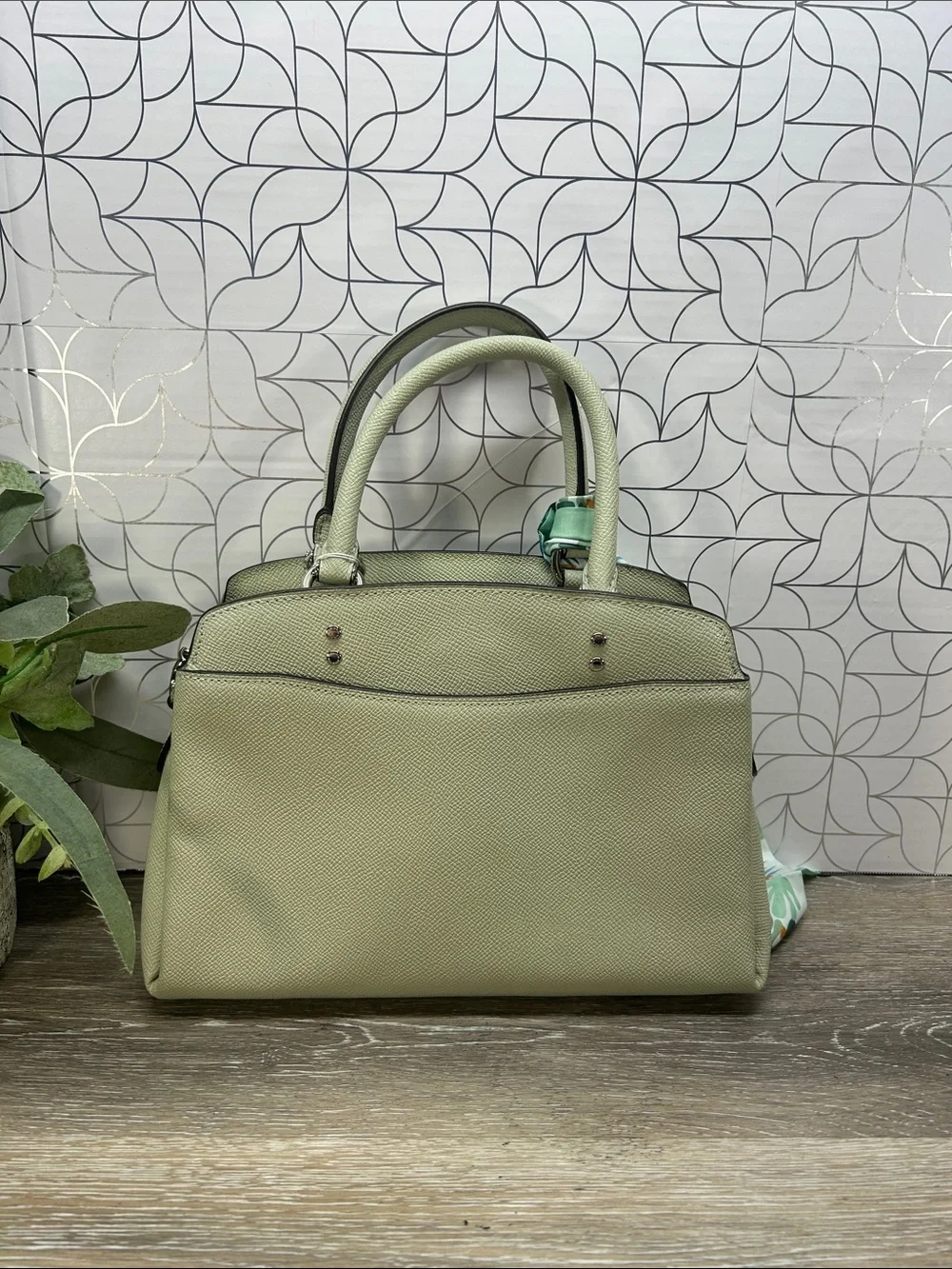 2542 Coach Sage Green Pebbled Leather Satchel with Printed Scarf 267082542